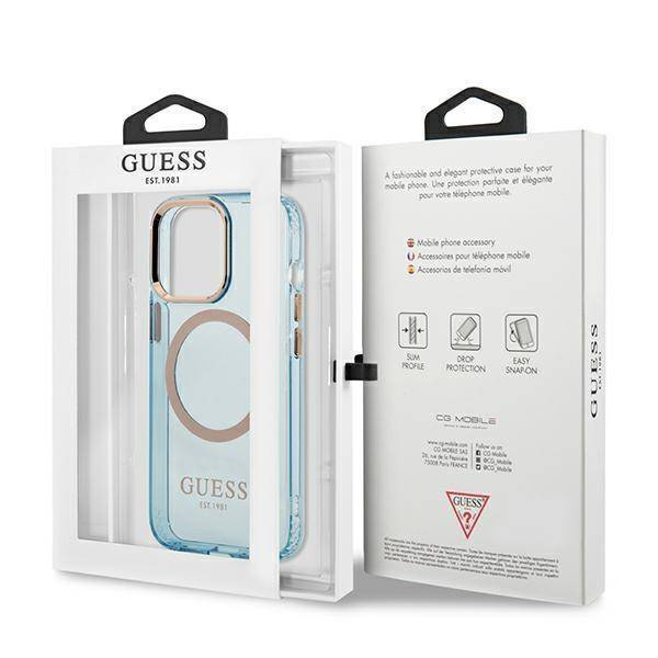 Original Handyhülle IPHONE 13 PRO Guess Hard Case Gold Outline Translucent MagSafe (GUHMP13LHTCMB) blau