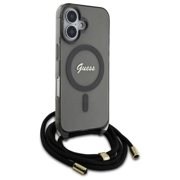 Original Handyhülle IPHONE 16 Guess Hardcase Crossbody Cord Script MagSafe (GUHMP16SHCTSGNSK) schwarz