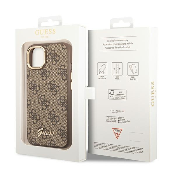 Original Case IPHONE 14 Guess Hard Case 4G Vintage Gold Logo (GUHCP14SHG4SHW) brown