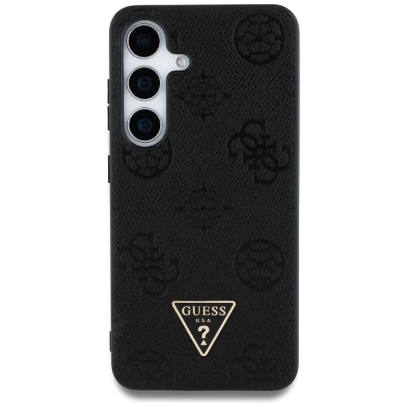 Etui Guess Grained Hot Stamp Peony  Pattern Triangle Logo MagSafe do Samsung Galaxy S25 czarny
