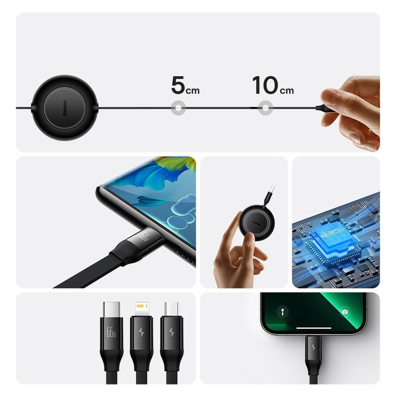 Baseus Bright Mirror 2 einziehbares Kabel 3in1 USB Typ A - micro USB + Lightning + USB Typ C 66W 1.1m schwarz (CAMJ010101)