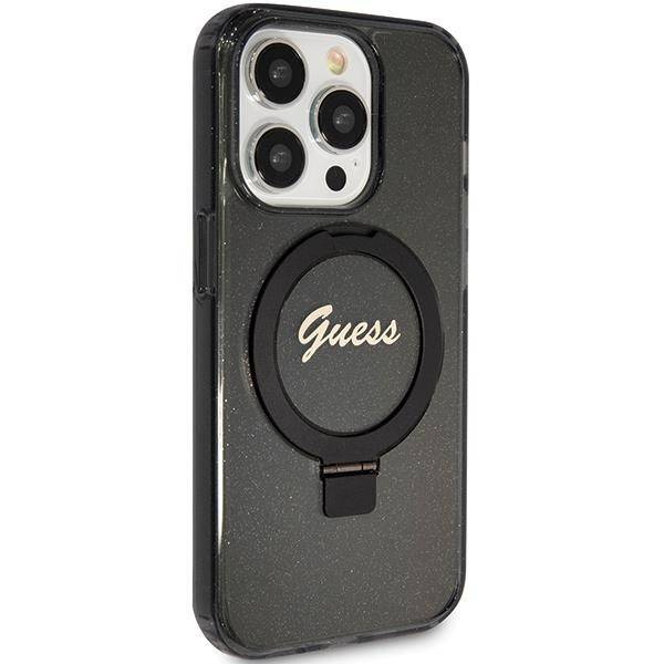 Guess Ring Stand Script Glitter MagSafe Hülle für iPhone 15 Pro – Schwarz