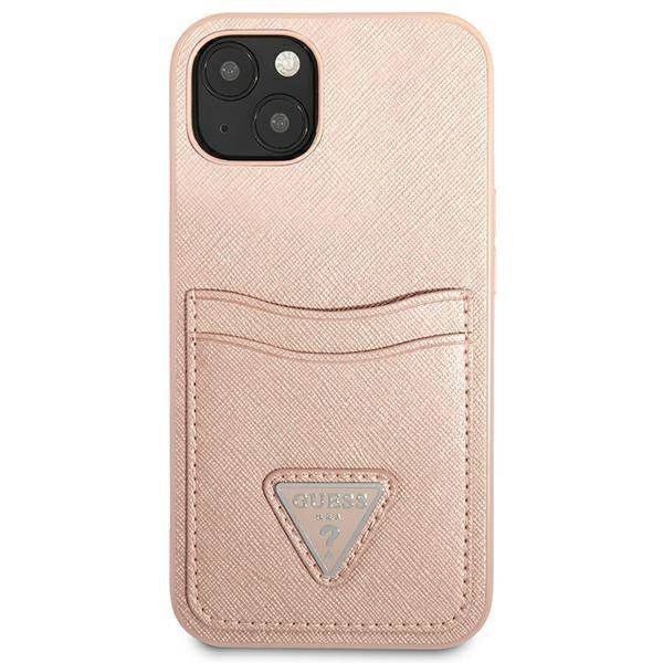 Etui IPHONE 13 Guess Hardcase Saffianotriangle Logo Cardslot (GUHCP13MPSATPP) różowe