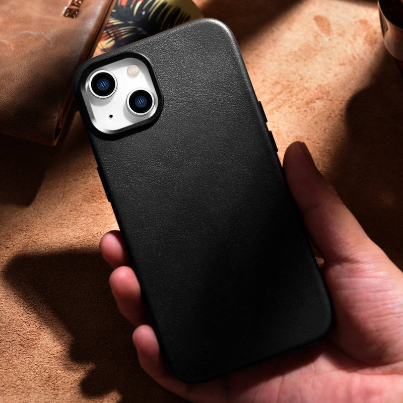 iCarer Case Leather Genuine Leather Case Cover for iPhone 14 Black (WMI14220705-BK) (MagSafe Compatible)