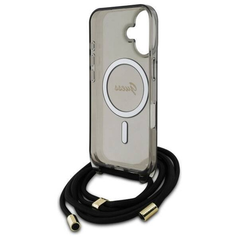 Original Handyhülle IPHONE 16 Guess Hardcase Crossbody Cord Script MagSafe (GUHMP16SHCTSGNSK) schwarz
