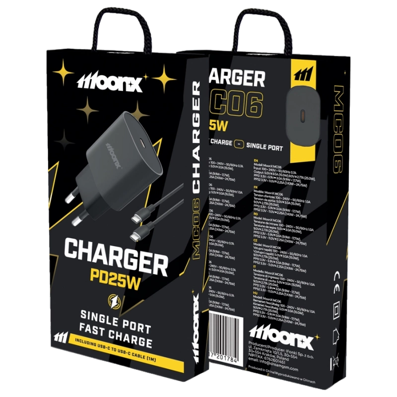 MOONX wall charger MC06 PD 25W 1xUSB-C + cable USB-C - USB-C Black