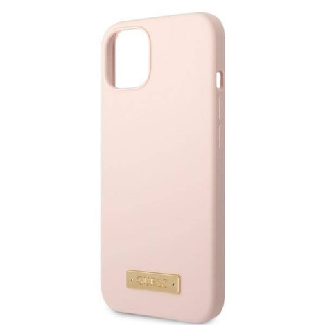 Original Handyhülle IPHONE 13 MINI Guess Hard Case Silicone Logo Plate MagSafe (GUHMP13SSBPLP) rosa