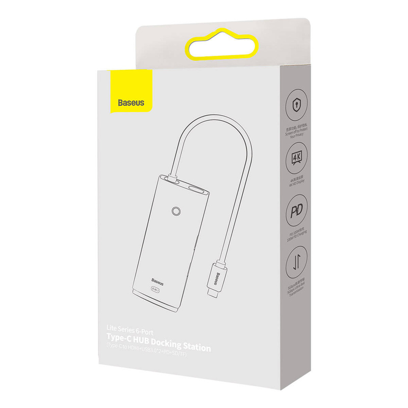 Baseus Lite Series multifunktionaler HUB USB Typ C - 2 x USB 3.0 / USB Typ C PD / HDMI 1,4 / SD / TF schwarz (WKQX050101)