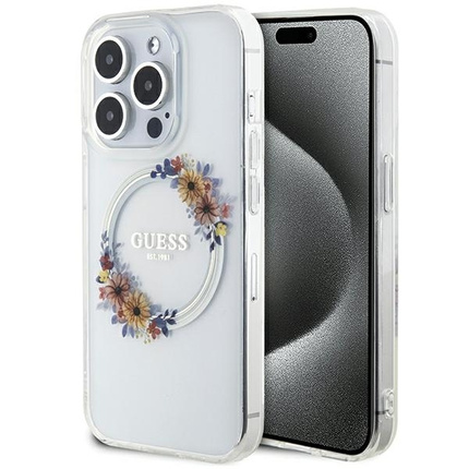 Oryginalne Etui GUESS IML Flowers Wreatch Magsafe GUHMP15LHFWFCT do Iphone 15 Pro przezroczysty