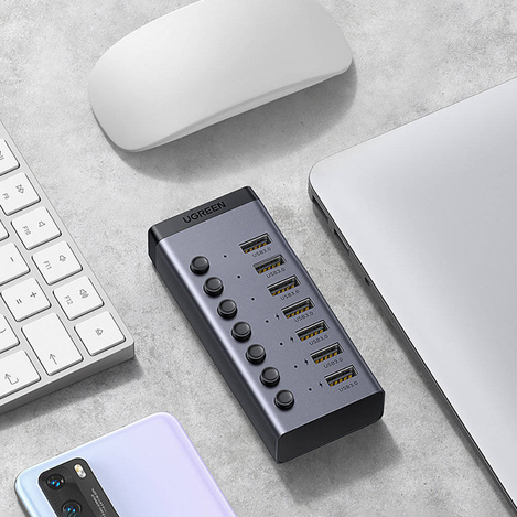Ugreen multifunctional HUB 7in1 USB Type C - 7x USB Type A 3.0 PD DC 12V gray (CM481)