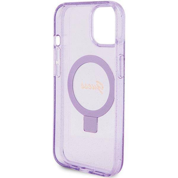 Guess Ring Stand Script Glitter MagSafe case for iPhone 15 Plus / 14 Plus - purple