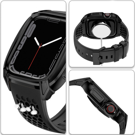 Kingxbar CYF148 2w1 pancerne etui Apple Watch SE, 6, 5, 4 (44 mm) ze stali nierdzewnej z paskiem czarne