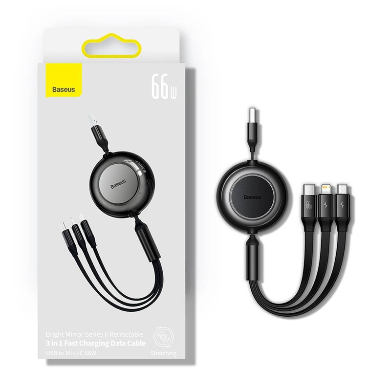 Baseus Bright Mirror 2 einziehbares Kabel 3in1 USB Typ A - micro USB + Lightning + USB Typ C 66W 1.1m schwarz (CAMJ010101)