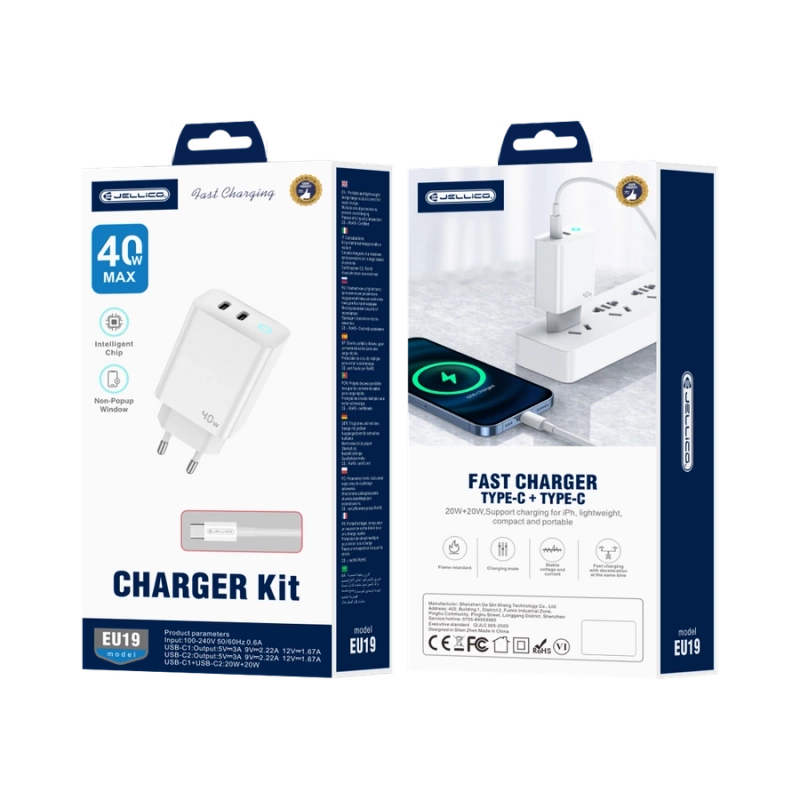 JELLICO wall charger EU19 GaN PD 40W 2xUSB-C + cable USB-C - USB-C White