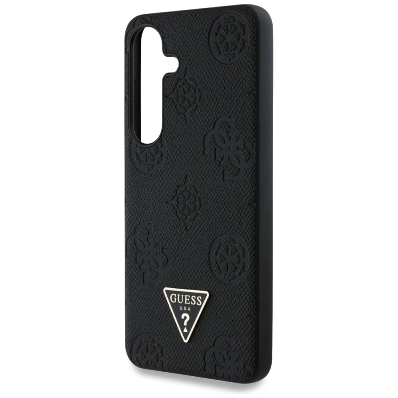 Etui Guess Grained Hot Stamp Peony  Pattern Triangle Logo MagSafe do Samsung Galaxy S25 czarny