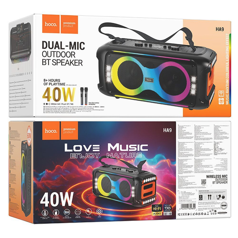 HOCO zestaw karaoke bezprzewodowy głośnik + 2 x bezprzewodowy mikrofon LED 60W HA9 czarny