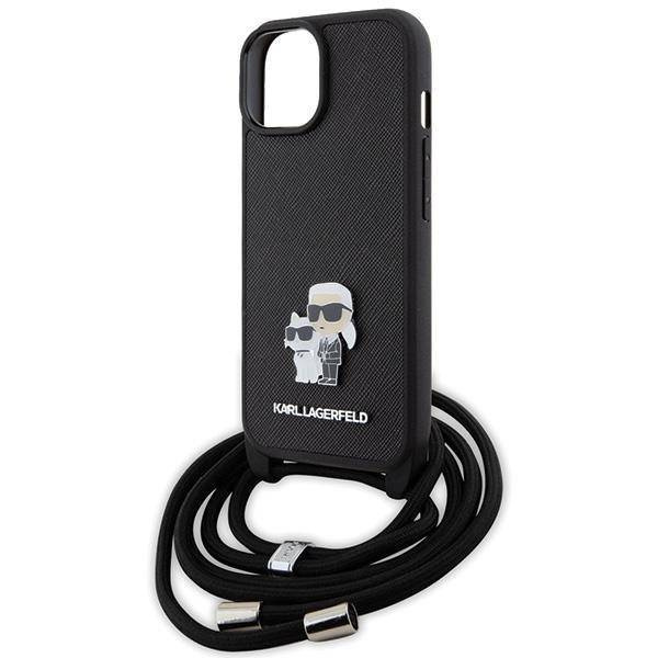 Karl Lagerfeld Crossbody Saffiano Metal Pin Karl &amp; Choupette Hülle für iPhone 15 Plus – Schwarz
