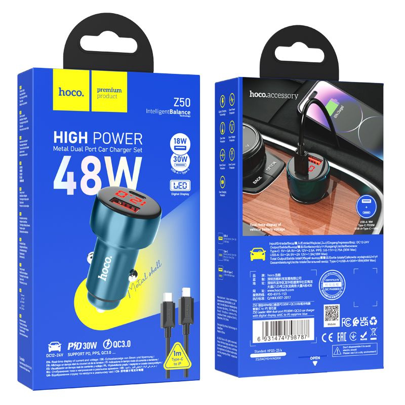 HOCO ładowarka samochodowa USB QC 3.0 + Typ C + kabel Typ C do Apple Lightning 8-pin PD 48W Leader Z50 niebieska