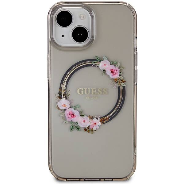 Guess IML Flowers Wreath MagSafe case for iPhone 15 / 14 / 13 - black