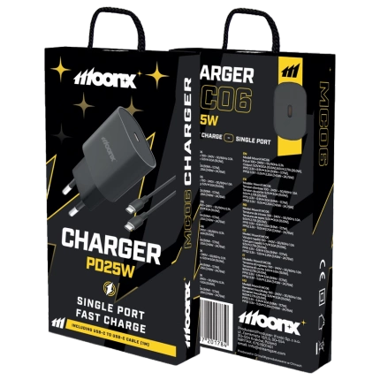 MOONX wall charger MC06 PD 25W 1xUSB-C + cable USB-C - USB-C Black