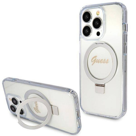 Guess Ring Stand Script Glitter MagSafe case for iPhone 15 Pro - transparent