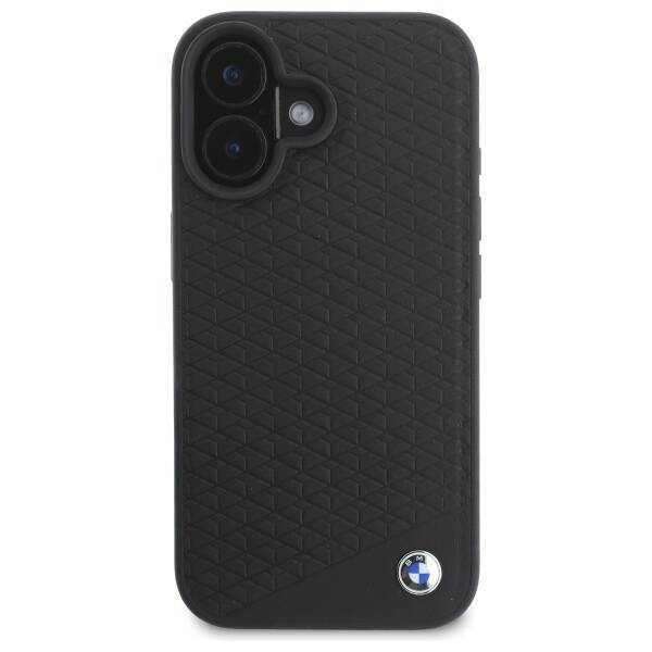 Original Handyhülle IPHONE 16 BMW Hardcase Signature Leather Diamond Metal Logo MagSafe (BMHMP16S23RDDK) schwarz