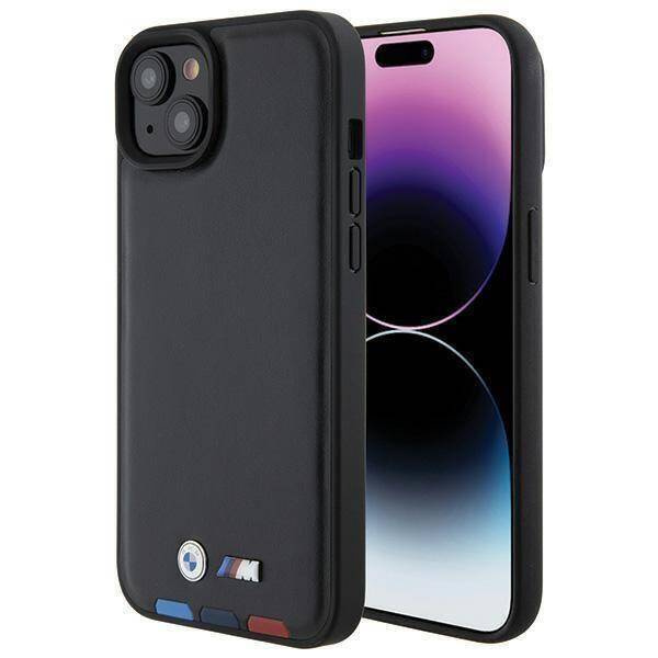 BMW BMHCP15M22PTDK iPhone 15 Plus 6,7&quot; schwarz/schwarzer Lederstempel Tricolor