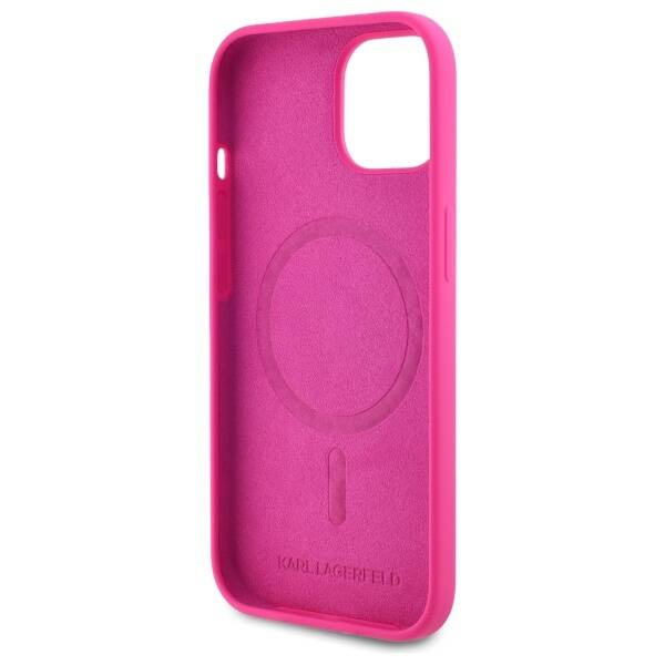 KARL LAGERFELD futerał do IPHONE 15 kompatybilny z MagSafe KLHMP15SSKHPPLF (SIL KL Head Print) fuschia