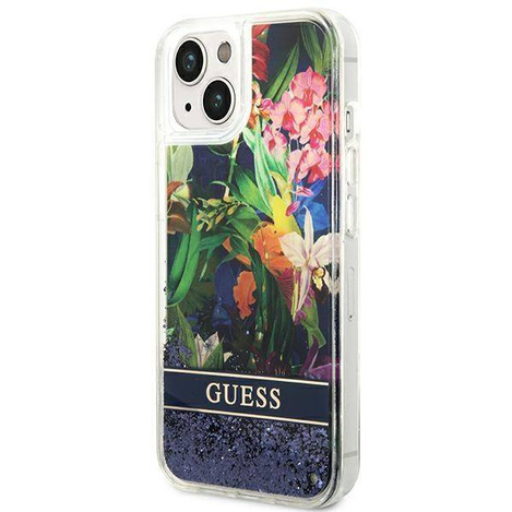 Schutzhülle IPHONE 14 PLUS Guess Hardcase Flower Liquid Glitter blau