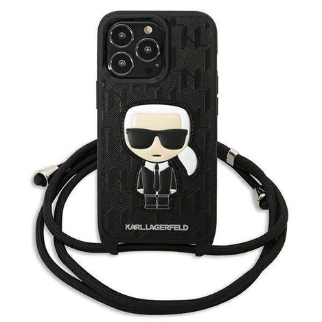 Original Handyhülle IPHONE 13 PRO Karl Lagerfeld Hardcase Leather Monogram Patch And Cord Iconik (KLHCP13LCMNIPK) schwarz