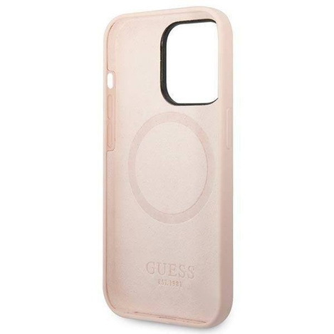 Original Handyhülle IPHONE 14 PRO MAX Guess Hard Case Silicone Logo Plate MagSafe rosa