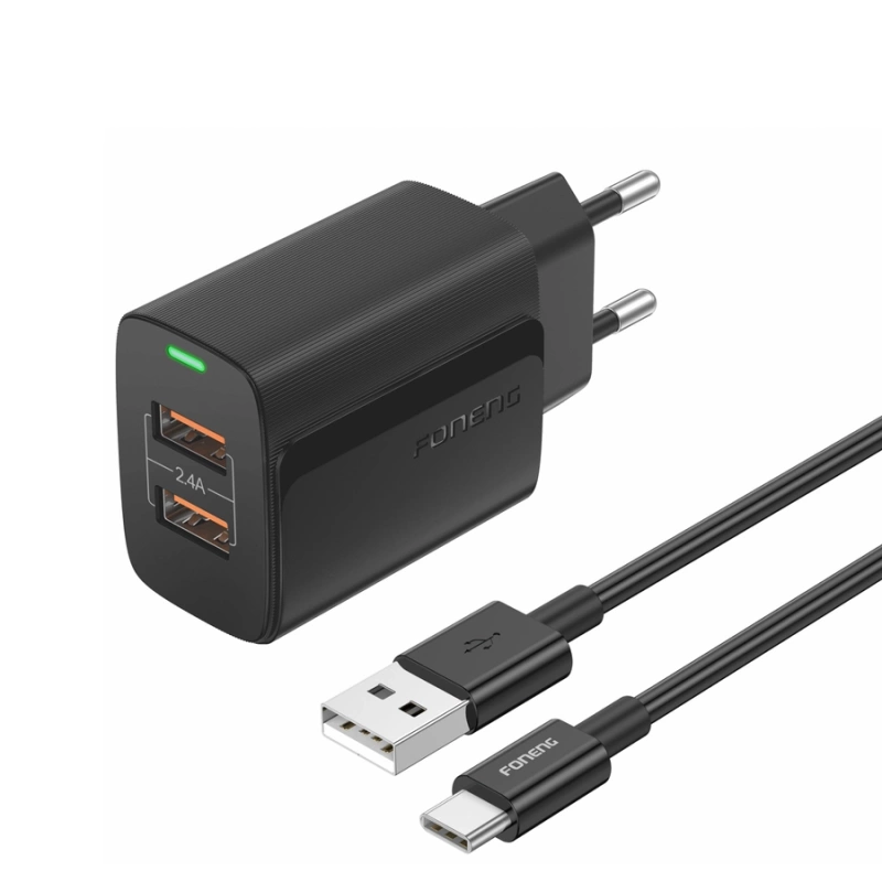 FONENG ładowarka sieciowa EU63 2.4A 12W 2xUSB + kabel USB-C Czarny