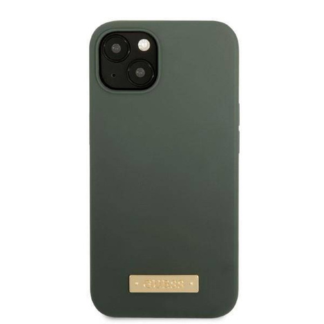 Original Handyhülle IPHONE 13 Guess Hard Case Silicone Logo Plate MagSafe (GUHMP13MSBPLA) grün