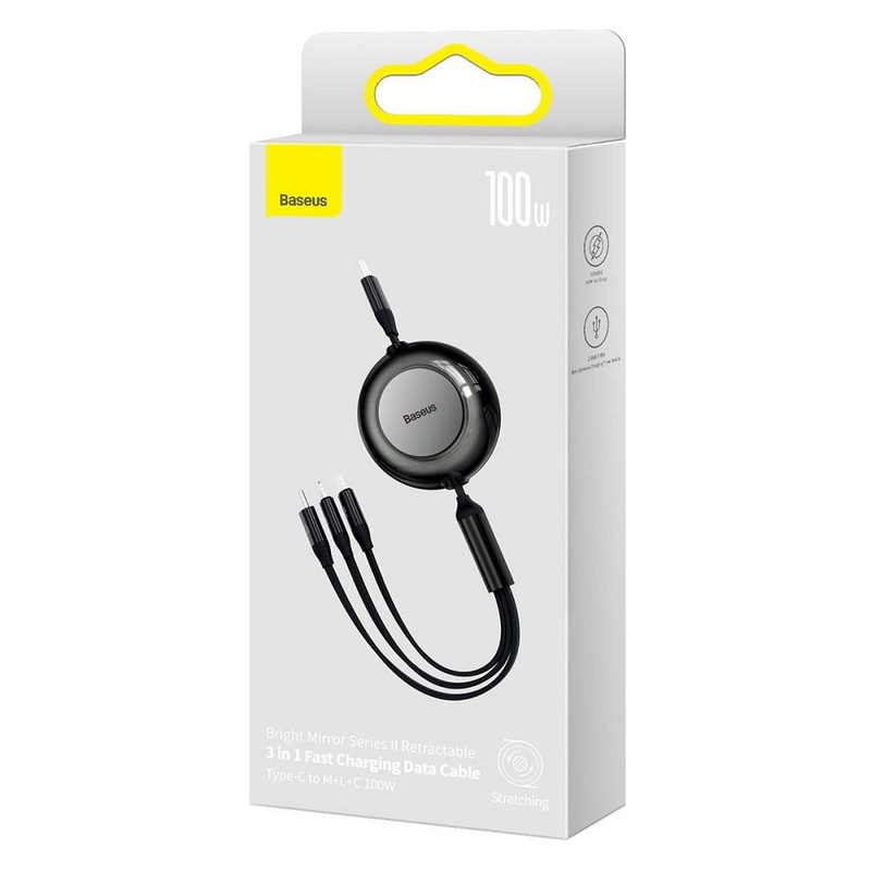 Baseus Bright Mirror 2 einziehbares Kabel 3in1 USB Type C - Micro USB + Lightning + USB Type C 3.5A 1.1m schwarz (CAMJ010201)