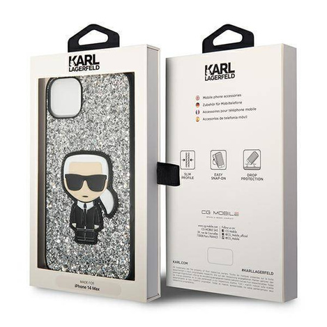Original Handyhülle IPHONE 14 PLUS Karl Lagerfeld Hardcase Glitter Flakes Ikonik (KLHCP14MGFKPG) silber