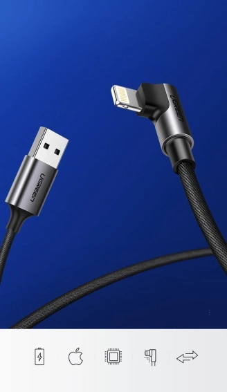 Ugreen kątowy kabel przewód USB - Lightning MFI 1m 2,4A czarny (60521)