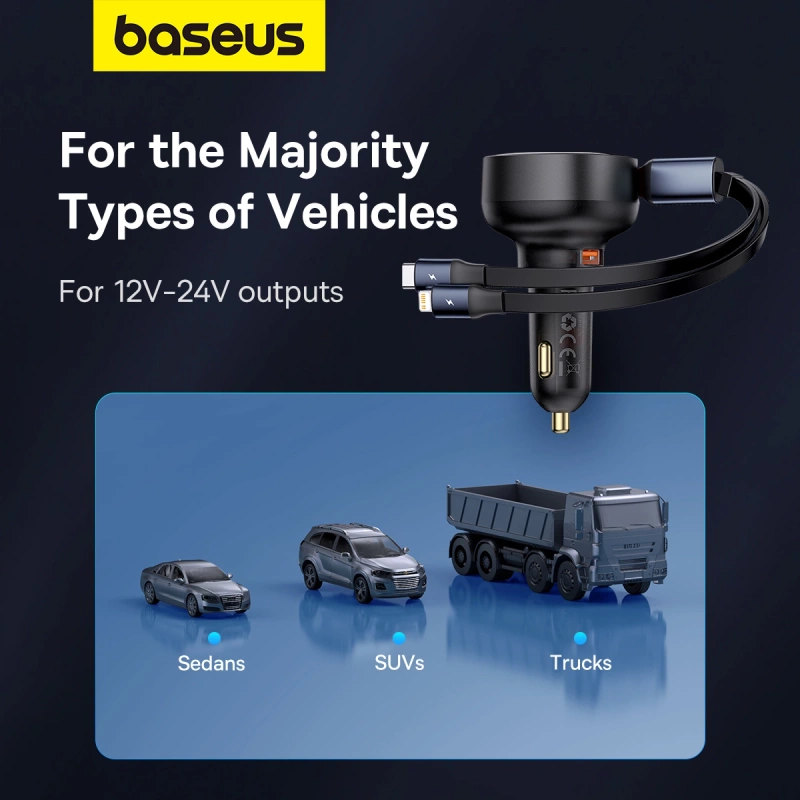 Baseus Enjoyment USB-A-Autoladegerät mit USB-C/ Lightning -60-W-Kabel – Schwarz