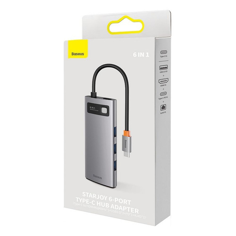 Hub 6w1 Baseus StarJoy Series, USB-C do HDMI + 3 x USB 3.0 + USB-C PD + RJ45 