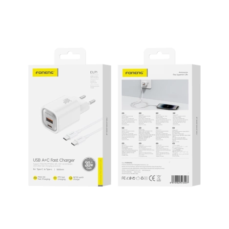 FONENG Netz-Ladegerät EU71 PD 30W 1xUSB-C + 1xUSB QC3.0 + kabel USB-C - USB-C weiss