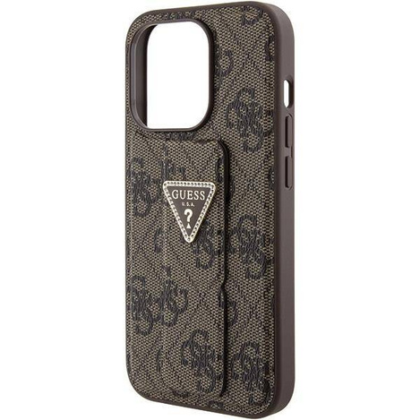 Guess Grip Stand 4G Triangle Strass Hülle für iPhone 15 Pro Max - braun