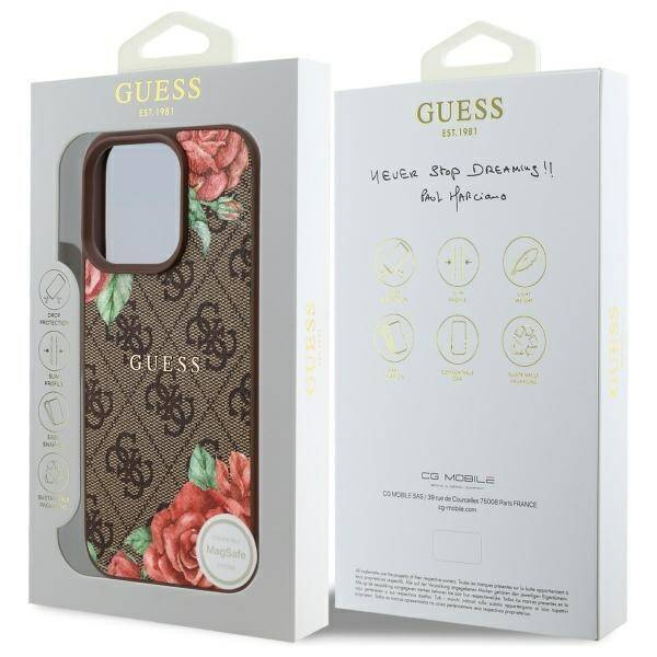 Original Handyhülle IPHONE 16 PRO Guess Hardcase 4G Flowers Print MagSafe (GUHMP16LP4ROPEMCW) braun