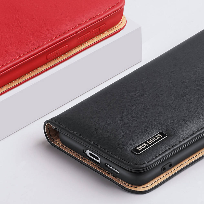 Dux Ducis Hivo skórzane etui z klapką pokrowiec ze skóry naturalnej portfel na karty i dokumenty Samsung Galaxy S22+ (S22 Plus) czarny