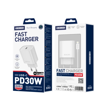 JELLICO Netz-Ladegerät EU53 PD 30W 1xUSB-C + Kabel USB-C - Lightning weiss