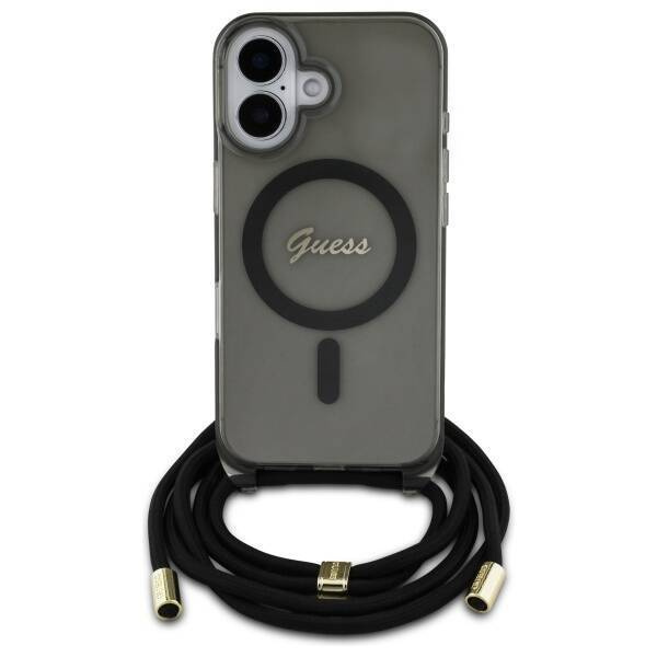 Original Case IPHONE 16 Guess Hardcase Crossbody Cord Script MagSafe (GUHMP16SHCTSGNSK) black