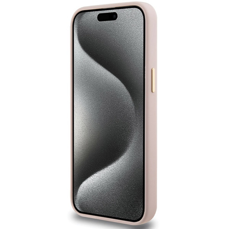 Guess Silikon Script Metal Logo &amp; Frame Hülle für iPhone 15 Pro Max – Rosa