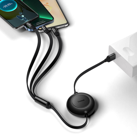 Baseus Bright Mirror 2 einziehbares Kabel 3in1 USB Typ A - micro USB + Lightning + USB Typ C 66W 1.1m schwarz (CAMJ010101)