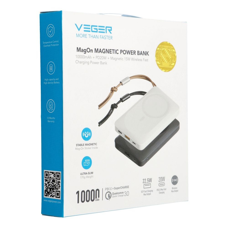 Bateria zewnętrzna (Powerbank) VEGER MagOn z ładowaniem indukcyjnym kompatybilny z MagSafe 15W - 10 000mAh PD 22,5W biały (VP1151 / W1151)