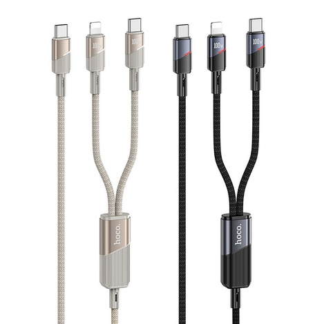 Kabel 2w1 USB C do USB C + Lightning Hoco 5A 100W 1,2 m U139 złoty