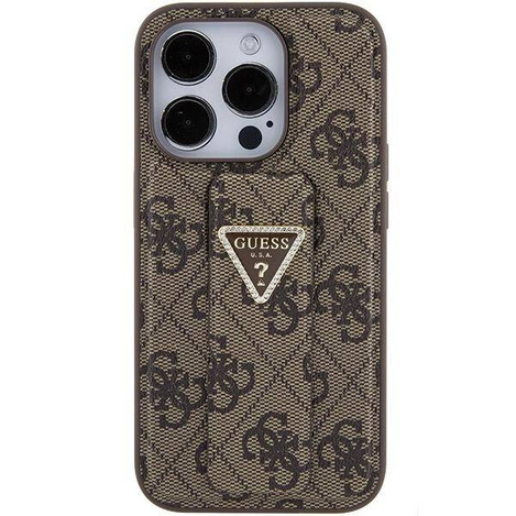 Guess Grip Stand 4G Triangle Strass Hülle für iPhone 15 Pro Max - braun