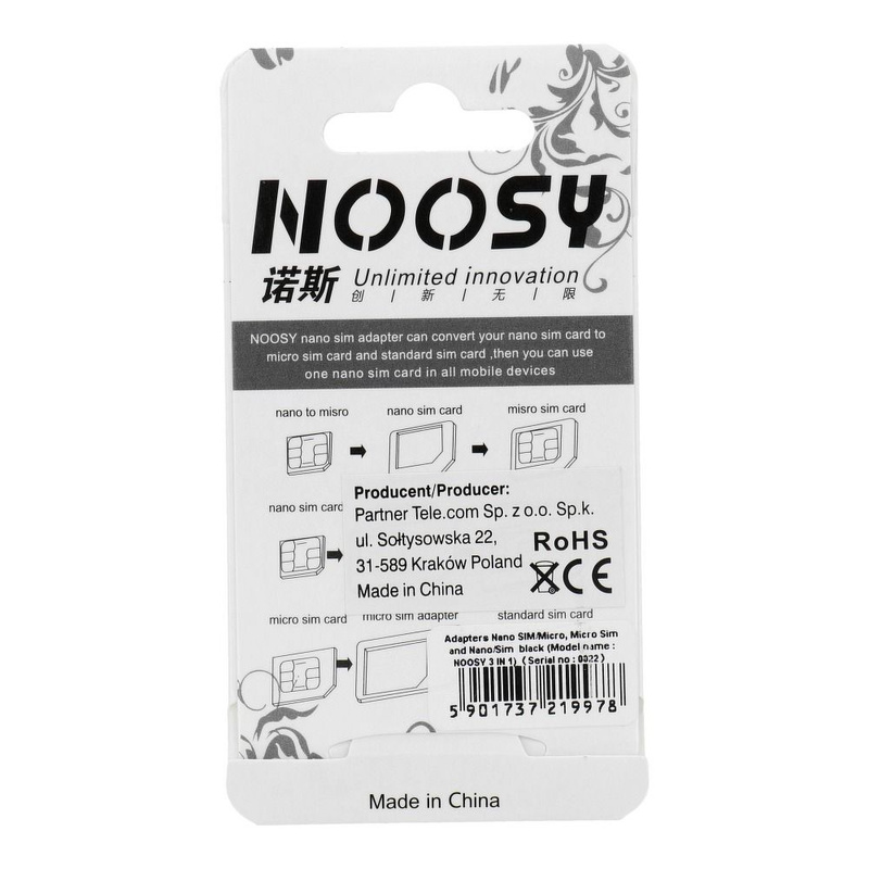 Zestaw Adapterów Nano Sim/Micro,Micro Sim i Nano/Sim (NOOSY 3w1) czarny
